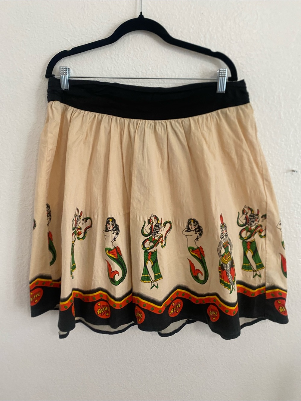 Sourpuss Cream Circle Skirt with Black Waistband and Multicolor Folk Border